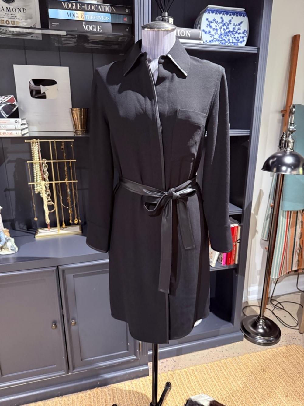 NWT Vince Longline Shirt Dress – Black with Faux Leather Trim – Size XXS